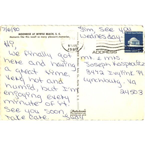 Vintage Moonrise Myrtle Beach Postcard Sea Oats Sunrise 1980 Brandon Sales USA - Picture 2 of 2